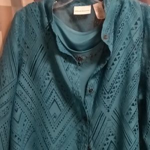 FINAL PRICE alfred dunner teal sheer 2-pc jacket set w brown trim & buttons 14